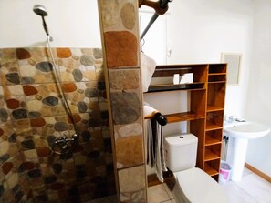 Regadera, secadora de cabello, toallas