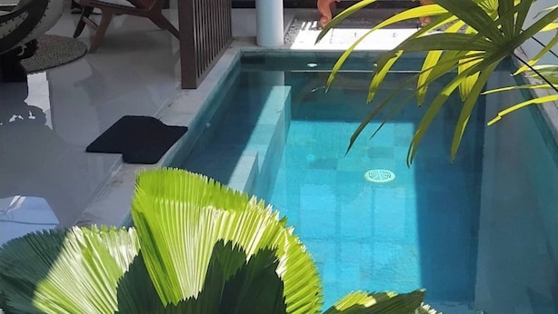 A modern indoor pool area with a clear glass barrier, a potted plant in the foreground, and a wooden bench in the background. - Serene Bali Villa With Private Pool and Antiqued Charm (Denpasar)