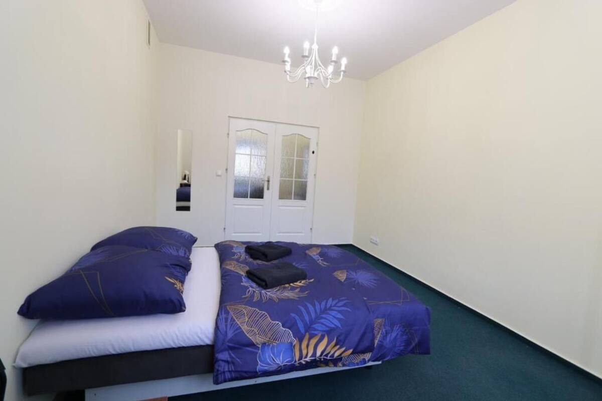 A bedroom with a bed, a chandelier, and a white door with frosted glass panels.