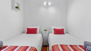 Una habitación pequeña y limpia con dos camas, una mesita de noche, un estante en la pared con una planta y una lámpara en el techo.