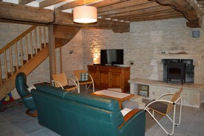 Télévision, lecteur de DVD, table de tennis de table, livres