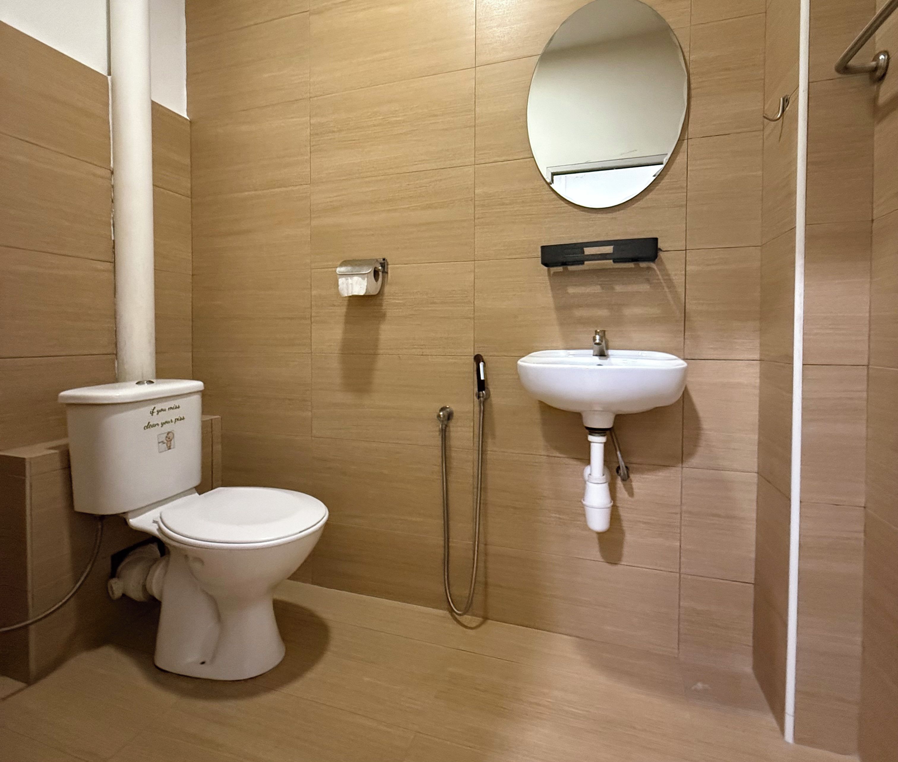 A bathroom with a toilet, a sink, a mirror, and a shower.