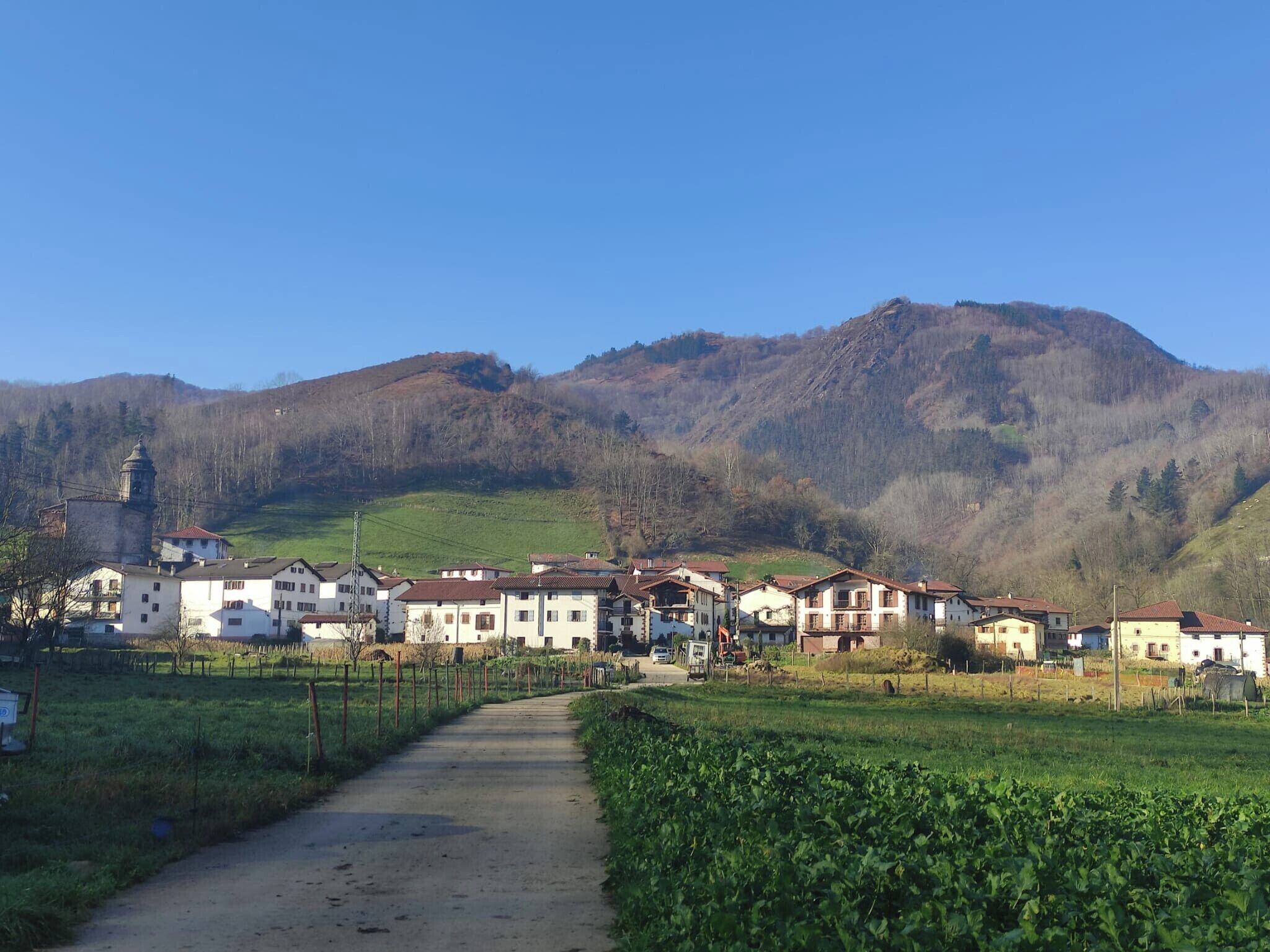 A village with traditional buildings, a church, and a mountain backdrop.