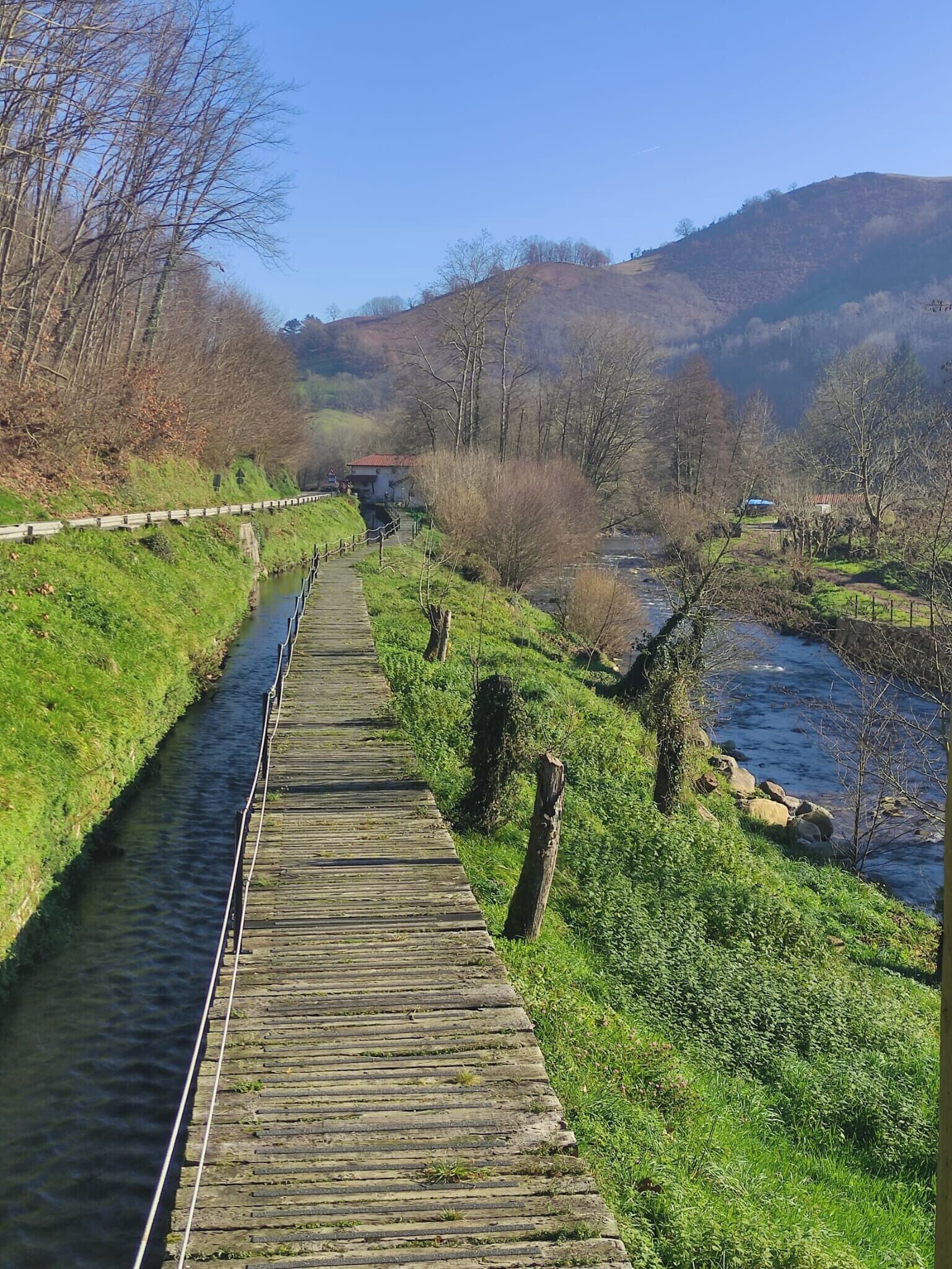 Un muelle de madera a orillas de un río, rodeado de vegetaci ón y colinas.