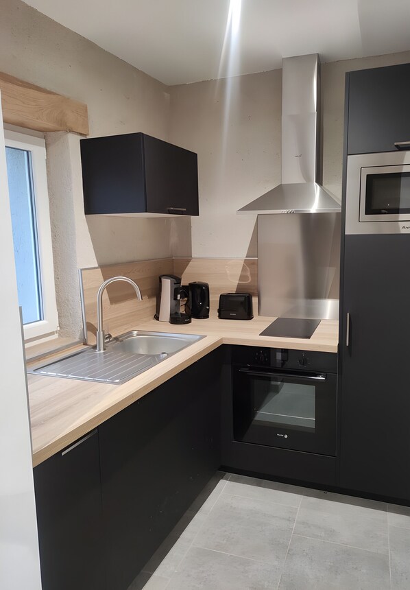 Frigorífico, microondas, horno y placa de cocina