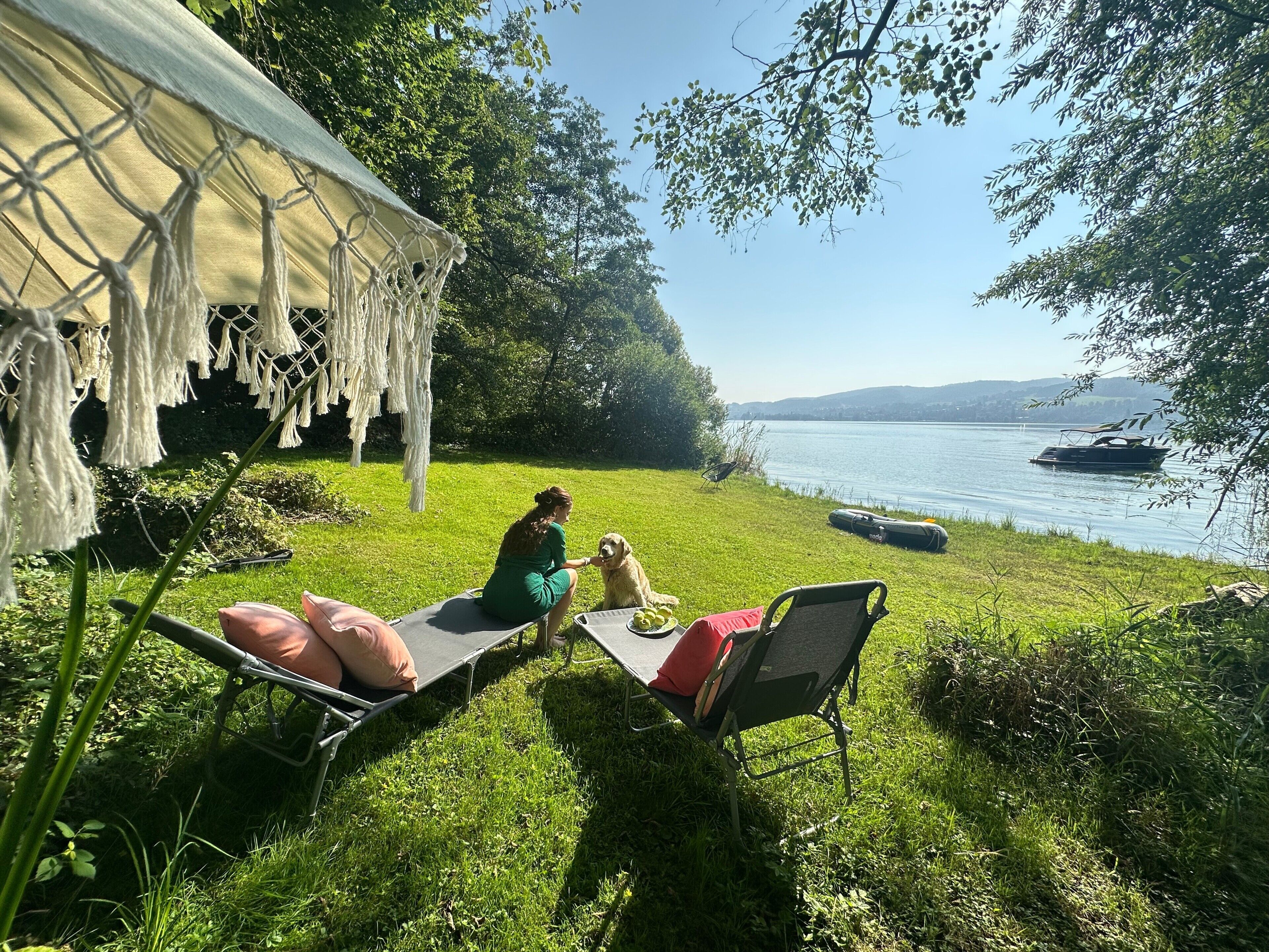 A grassy area with a hammock, a chair, and a table with a dog and a person.