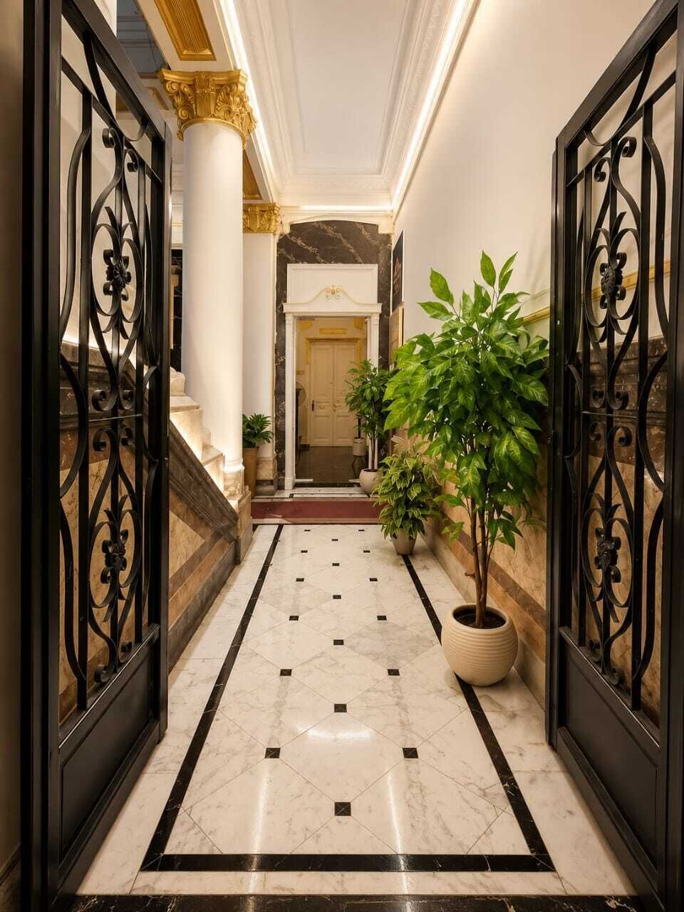 Un couloir au sol de marbre, agrémenté de grilles noires décoratives, d’une plante en pot et d’une porte donnant sur une pièce.