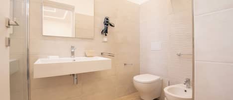 A modern bathroom with a glass shower enclosure, a sink with a mirror, and a bidet.