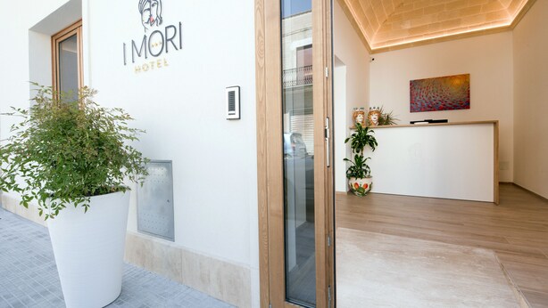 A modern hotel reception with a large potted plant, a reception desk, and a painting on the wall. - I Mori Hotel  (San Vito Lo Capo)