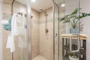 Shower, hair dryer, towels, toilet paper
