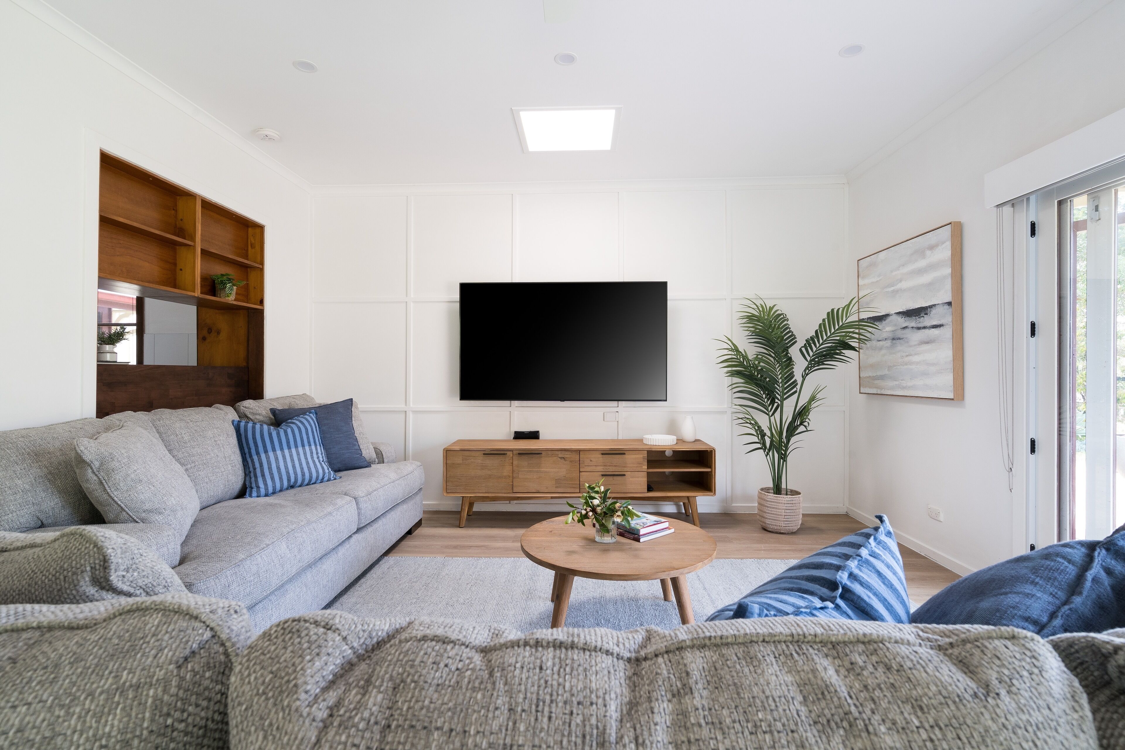 TV, fireplace, books