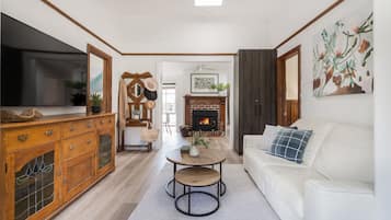 TV, fireplace, books