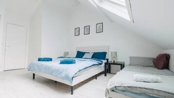 Une chambre avec un puits de lumière, un lit avec une literie bleue, une table de chevet avec une lampe, et un deuxième lit avec une literie blanche.