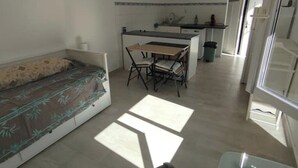 A compact living space with a sofa, a small dining table, and a kitchenette.