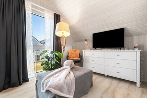 Télévision, cheminée, livres, vidéothèque