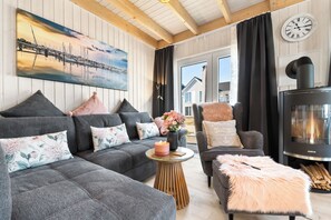 Televisión, chimenea, libros y videoteca 