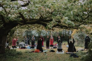 A group of people practicing yoga outdoors under a large tree. - The Swooping Swallow, Patty's Barn, Lancaster (Lancaster)