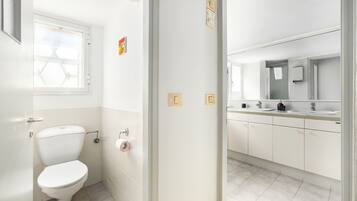 Een kleine, schone badkamer met toilet, wastafel en spiegel.