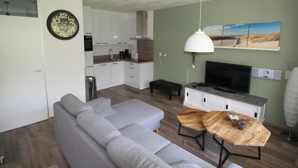 A modern living room with a grey sofa, wooden coffee table, and a TV.