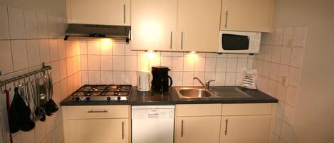 Fridge, stovetop, dishwasher, coffee/tea maker