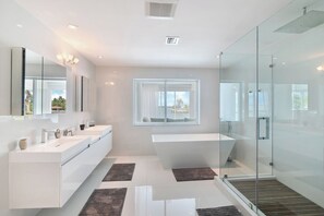 Hair dryer, towels, soap, toilet paper