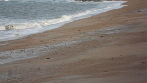 A sandy beach with gentle waves and a clear sky.