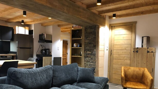 Un salon moderne avec un canapé gris, une table basse en bois et un mur décoratif en pierre.