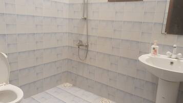 Hair dryer, towels, soap, toilet paper