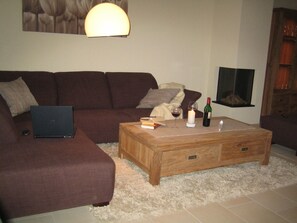 Televisión, chimenea y reproductor de DVD