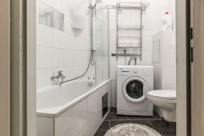 Hair dryer, towels, soap, shampoo