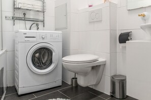 Hair dryer, towels, soap, shampoo