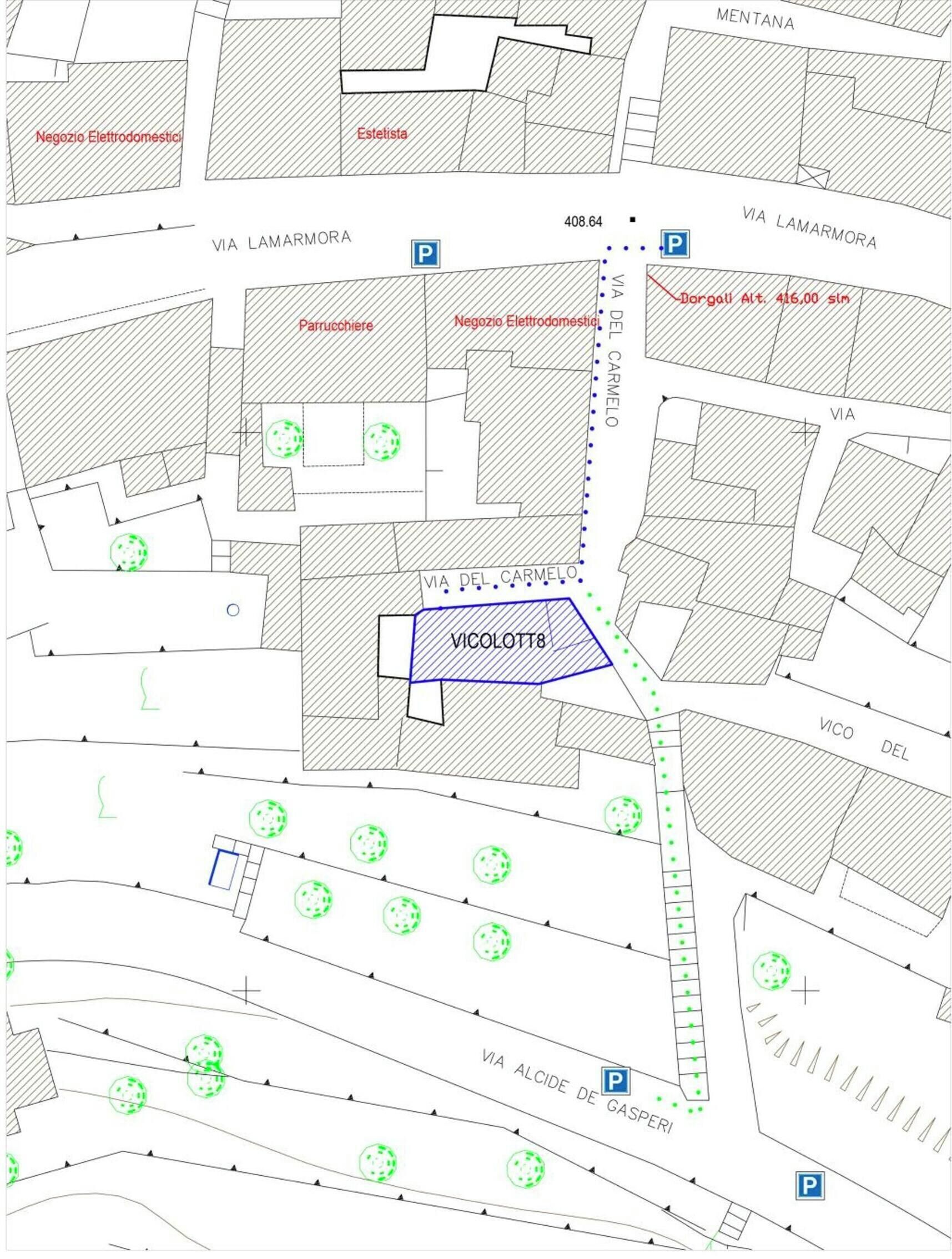 Mappa di un complesso di edifici con aree contrassegnate, come 'Vicolo Vico Del' e 'Via Lamarmora'.
