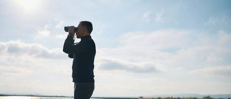 A person standing on a wooden pier, holding a camera, with a body of water and a bridge in the background.