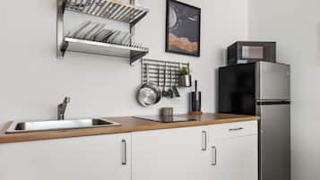 Fridge, microwave, stovetop, coffee/tea maker