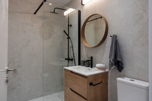 Shower, hair dryer, towels, toilet paper