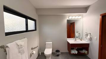 Shower, hair dryer, towels, soap