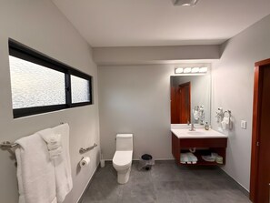 Shower, hair dryer, towels, soap