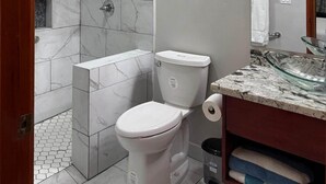 A bathroom with a toilet, shower, and sink. - MeMe’s Place – Toucan (Placencia)