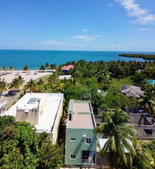 A coastal residential area with houses, a beach, and a clear view of the ocean.