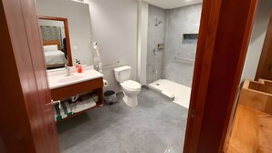 A modern bathroom with a vanity, toilet, and walk-in shower.