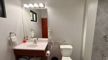 A bathroom with a vanity, sink, mirror, towel rack, toilet, and shower.