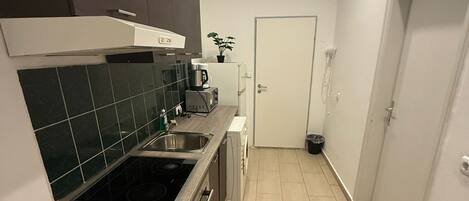 Basic Apartment | Private kitchen | Fridge, microwave, oven, stovetop