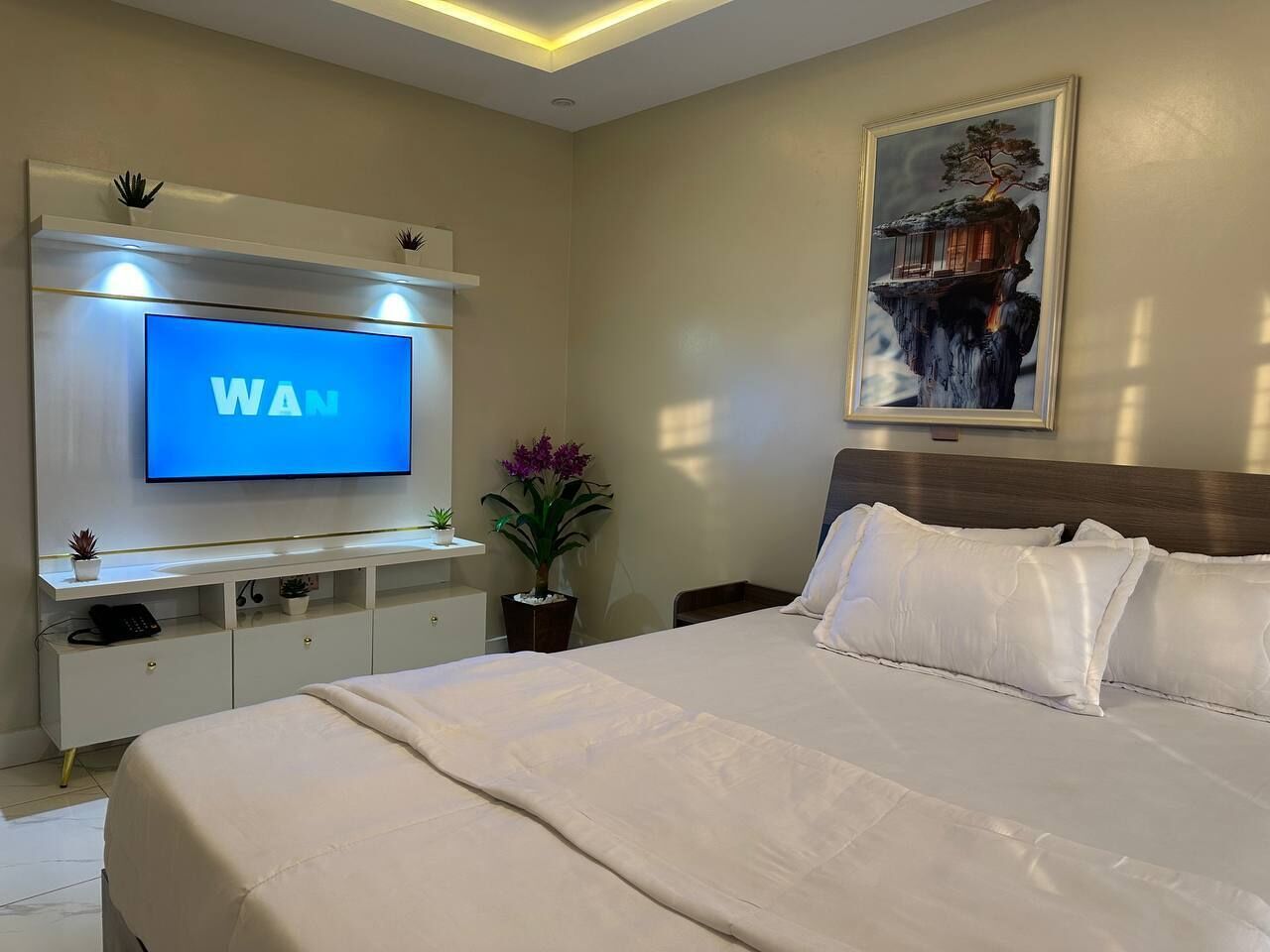A modern hotel room with a large bed, a flat-screen TV mounted on a white console, a painting on the wall, and a small potted plant.