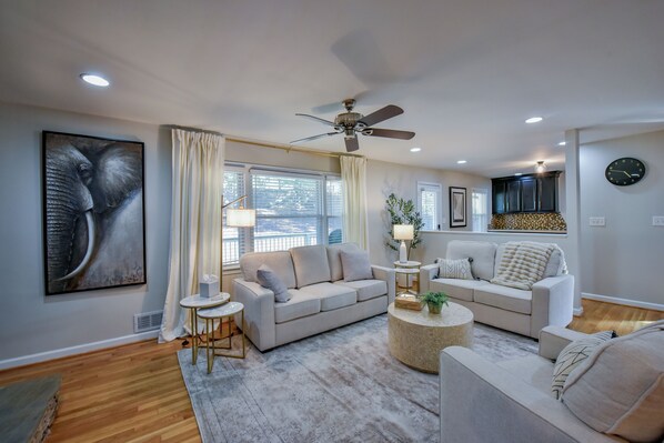 Smart TV, fireplace, table football, books