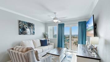 Signature Condo, 2 Bedrooms, Kitchen, Beach View | Living room | 55-inch Smart TV with digital channels