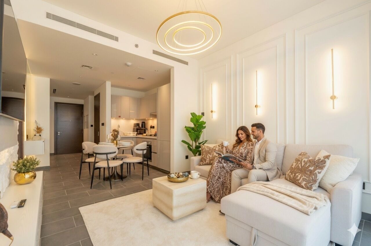 Leilighet – deluxe, byutsikt | Oppholdsområde | En 150-tommers smart-TV med Parabol-TV samt Netflix og strømmetjenester