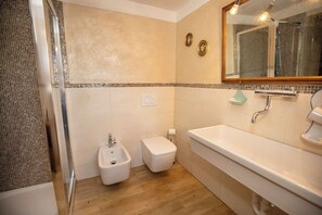 Shower, hair dryer, bidet, towels