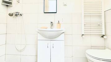 Dusche, Haartrockner, Handtücher, Seife