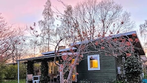 Una baita con un piccolo portico, un'area pranzo e un giardino.