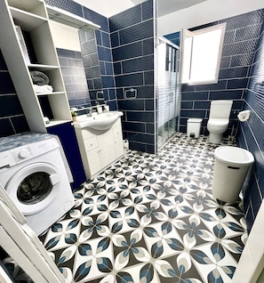 Shower, hair dryer, towels